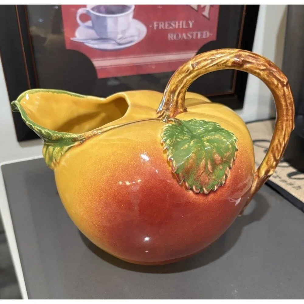 Vintage Peach Pitcher, Colorful Ceramic Fruit Pitcher Clean Shiny Glaze 7” Tall
